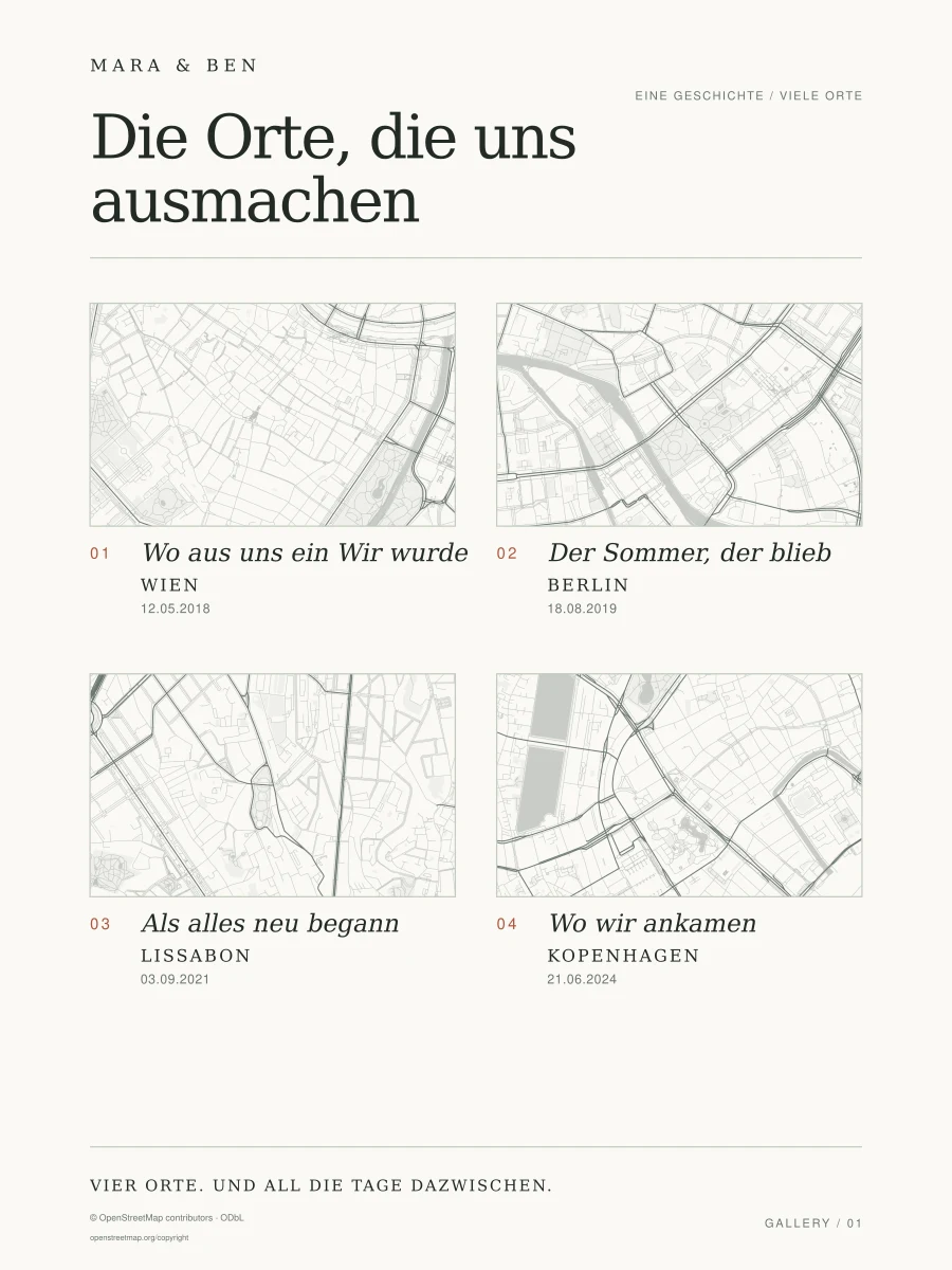 Vollständiges Gallery-Poster mit vier Ortskarten im Look Minimal