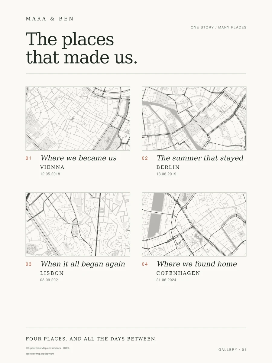 Complete Gallery poster with four place maps in the Your favourite colour look