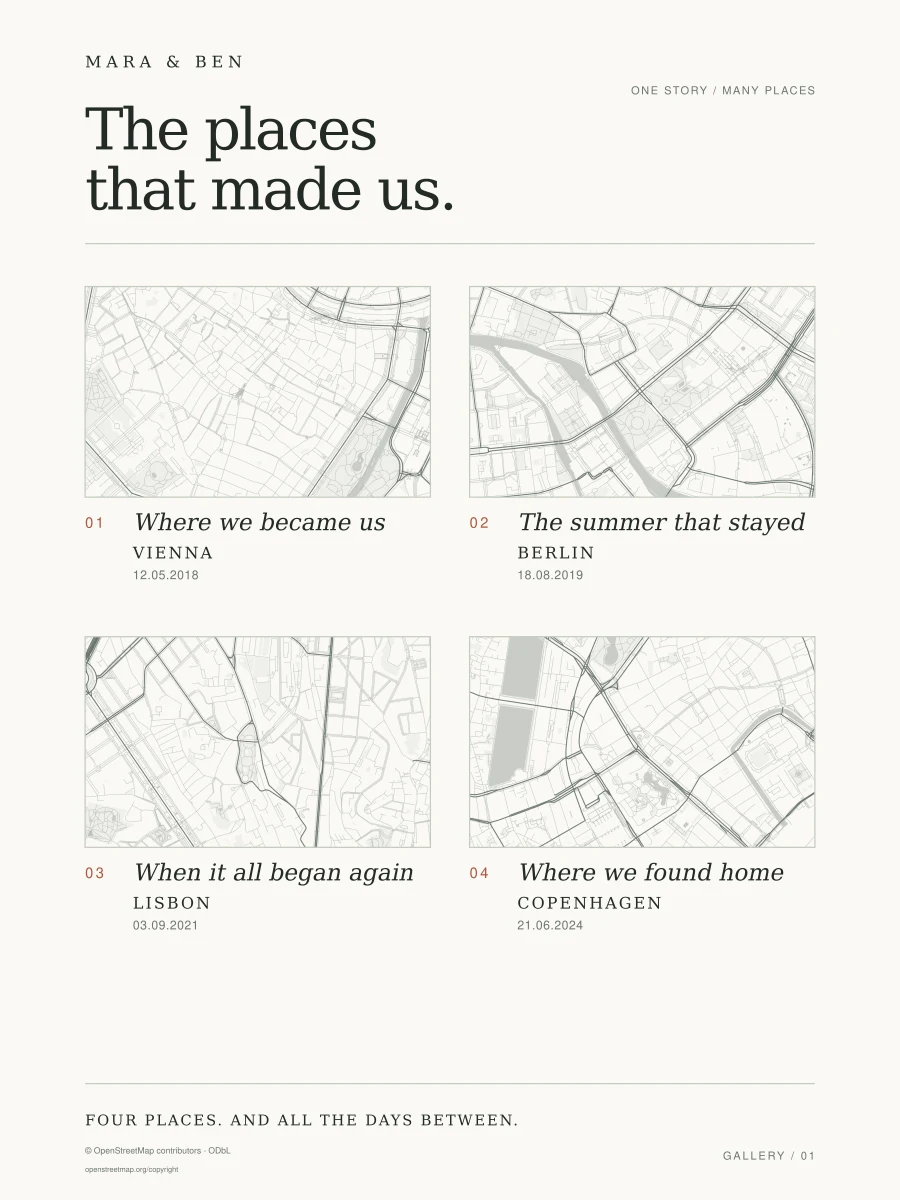 Complete Gallery poster with four place maps in the Minimal look